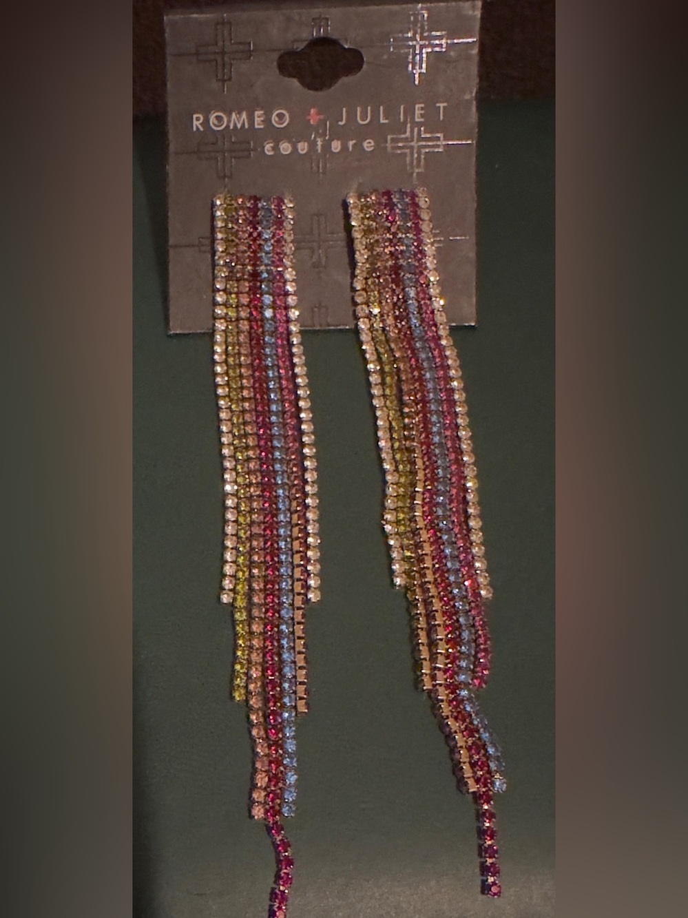 NWT Romeo & Juliet Couture Pink Blue Gold crystal Fringe Earrings. 5”L x 1/2”W.